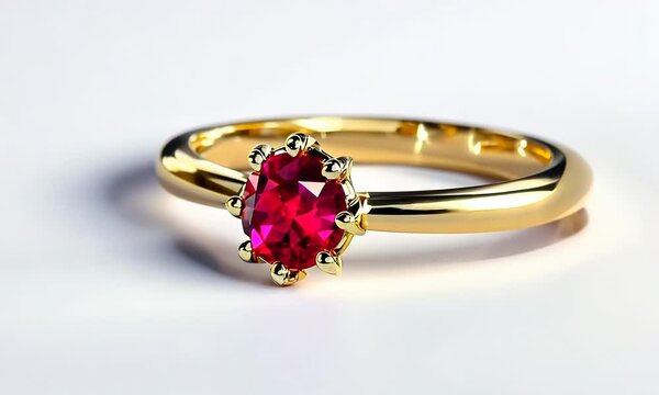 Shiny gold ring with ruby on white background, hyperrealistic Video