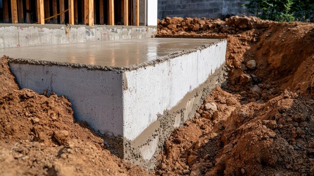 Foundation being poured, concrete slab foundation for a house, Construction process, residential building