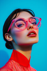 A chic woman with oversized, colorful glasses, blowing a pastel pink balloon from chewing gum. She’s facing forward with a joyful emotional expression.