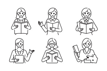 Teacher Character Set in Classroom. Flat Design Minimal Vector Illustration with Silhouettes and Line Art Education Technology.