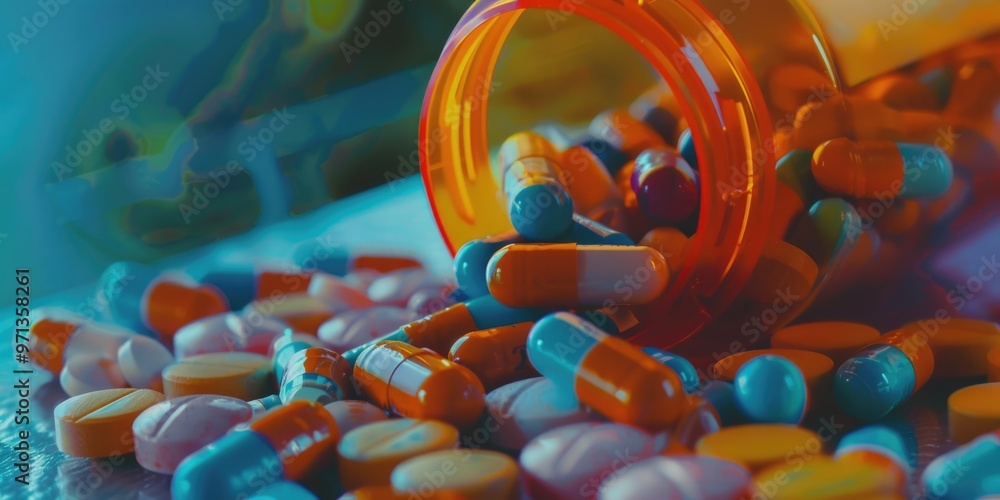 Poster a bottle of pills is open and scattered on a table. the pills are of various colors and sizes, and t