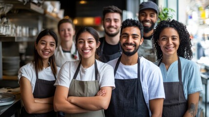 Obraz premium A group of confident, smiling, multi-ethnic restaurant employees demonstrates teamwork.