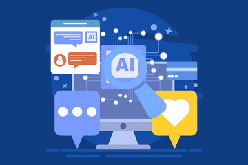 AI chat bot concept for customer support, Online customer help desk, AI solves customer problems, AI based solutions for customers, background vector illustration with icons.