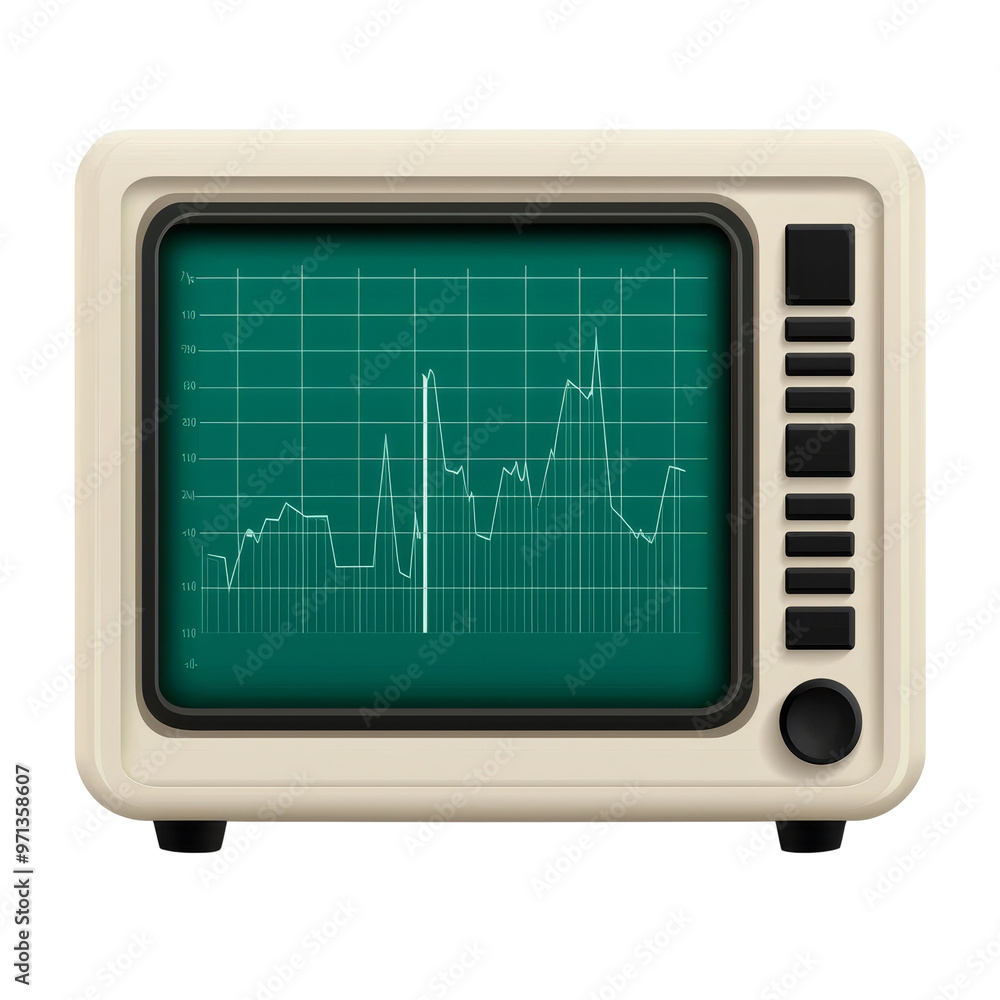 Poster retro television screen displaying a fluctuating line graph.