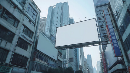 Obraz premium Realistic Blank Billboard in Vibrant City Center with Natural Lighting and High-Rise Background