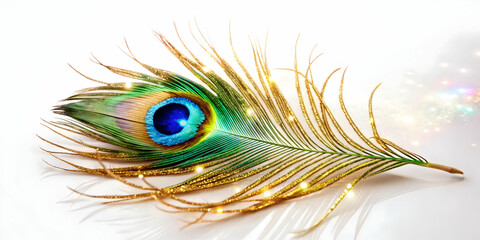 Obraz premium Colorful 3D Isolated Peacock Feather and Sparkling Lines Vector Illustration on White Background - Abstract Design Celebrating Cultural Beauty and Festive Energy