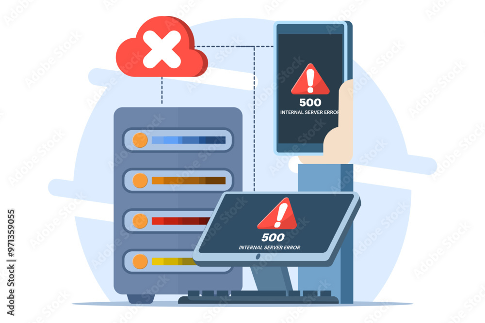 Poster concept 500 internal server error, website error, network error, cloud computing. flat vector illust