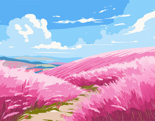 Landscape on rolling hills with pink muhly grass.