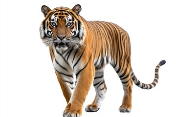 Obraz premium A tiger is walking on a white background. The tiger is the main focus of the image, and it is a close-up shot. The tiger's stripes are prominent, and it has a curious expression on its face