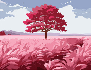 Autumn landscape with a tree and pink muhly grass field.