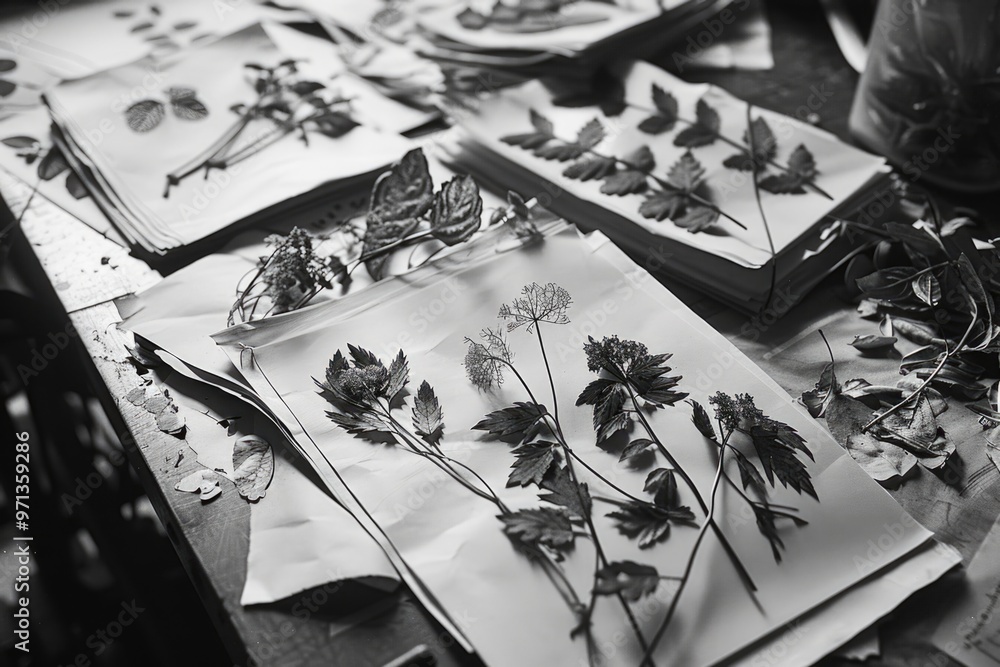 Poster a table with several pieces of paper with dried flowers on them. the flowers are arranged in differe