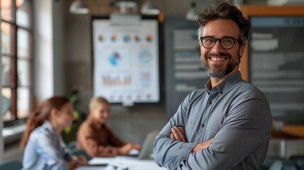 Fototapeta premium Professional man smiling confidently in modern office setting