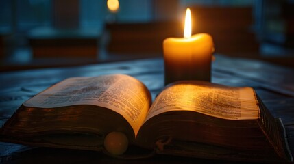 An open book lies on the table. There was a lit candle in the background, emitting a warm glow.