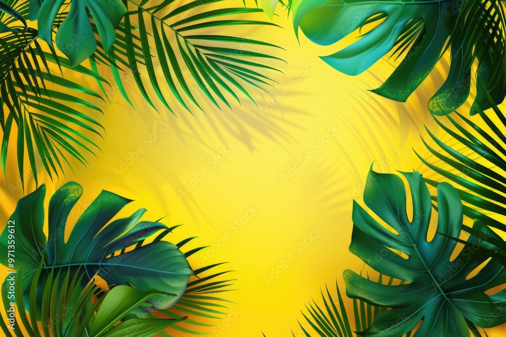 Poster a yellow background with green leaves surrounding it. the leaves are large and green, and they are a