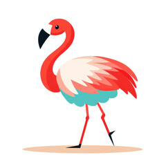 A cartoon flamingo with pink feathers stands on a sandy beach.