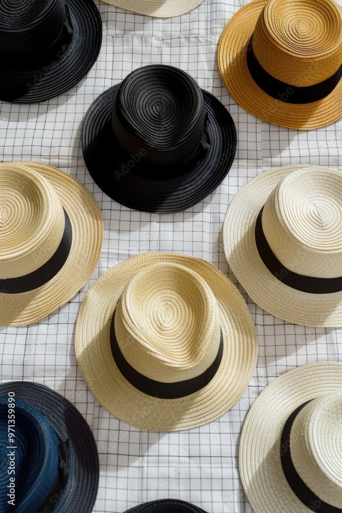 Poster a row of hats with different colors and styles. the hats are arranged in a grid pattern on a white b