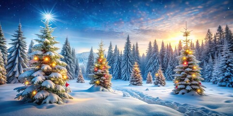 Frosty winter wonderland in a snowy forest with Christmas trees and a peaceful atmosphere