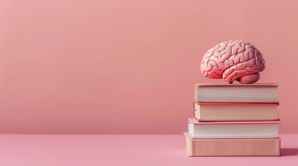 A model brain sits atop psychology textbooks, symbolizing knowledge and learning