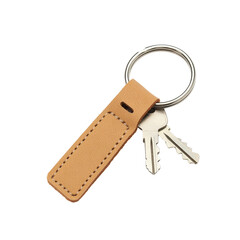 A close-up of a tan leather keychain with two keys attached. The keychain has a simple, minimalist design.