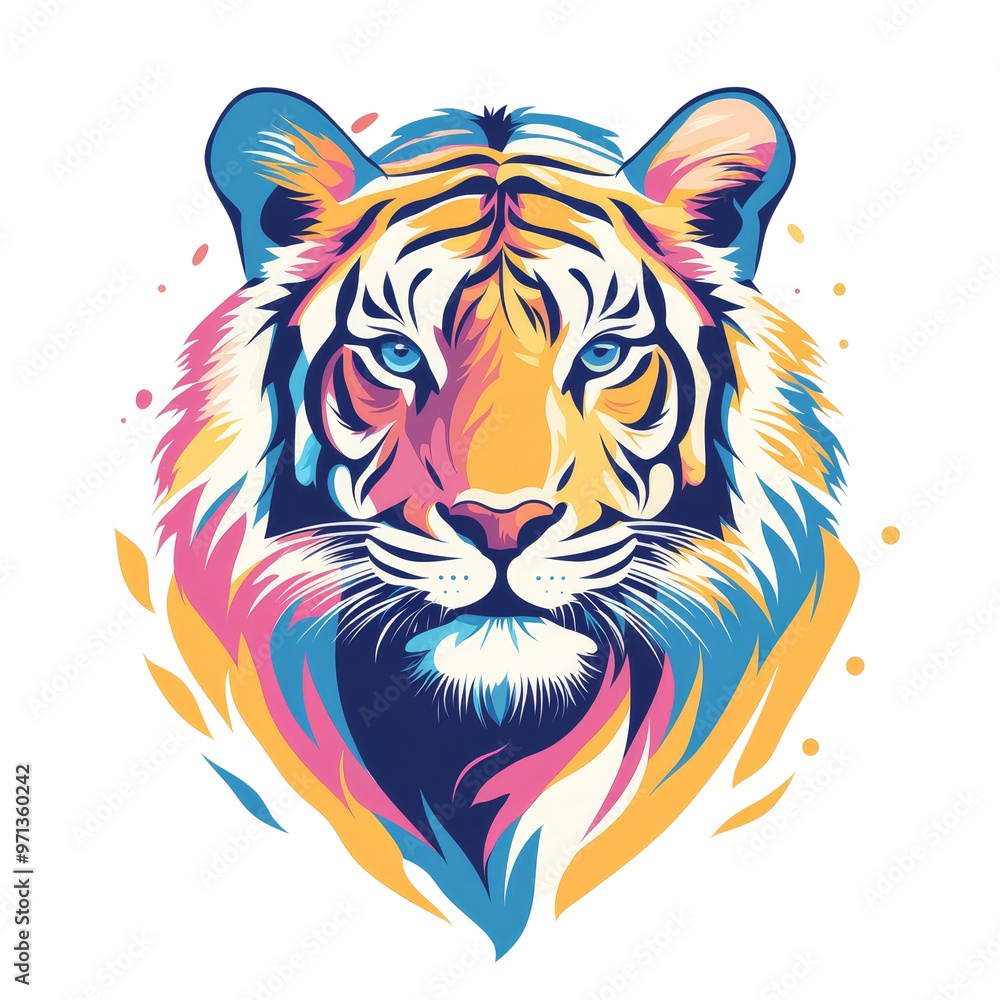Poster a colorful and abstract portrait of a tiger's head. the image is perfect for use in a variety of cre