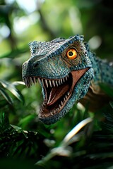 A fierce dinosaur with sharp teeth and vibrant colors, blending into a lush green environment. Perfect for nature and wildlife themes.