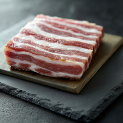  a fresh raw pork tenderloin on a wooden board, placed on a natural slate table. suitable for a supermarket poster