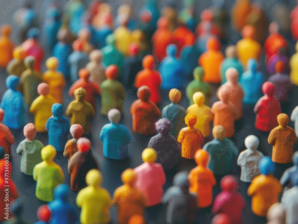 Poster a group of people are standing in a line, with some of them wearing red and yellow. the people are a