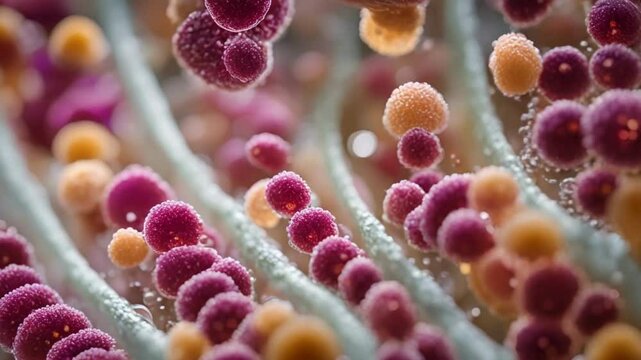 At 1000x magnification, a probiotic displays moving crystals and digestive bacteria within a droplet under the microscope.