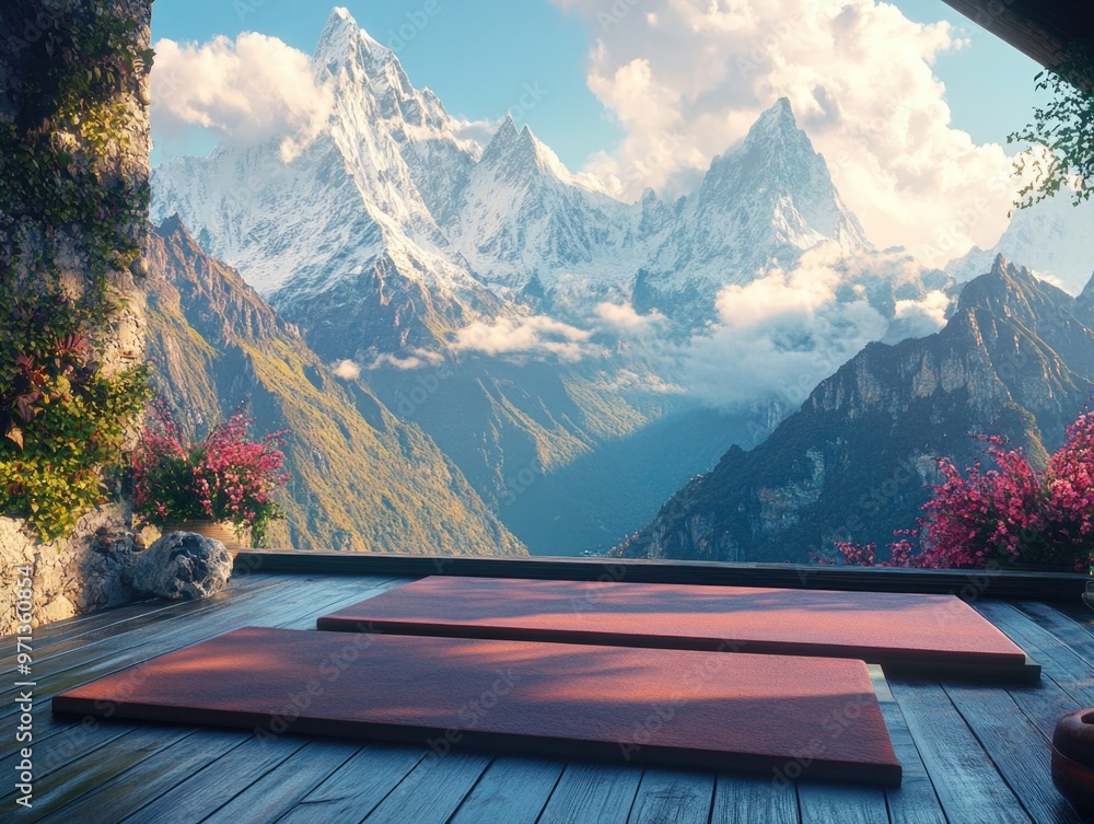 Poster a mountain range is visible in the background with a wooden deck in the foreground. the deck is cove