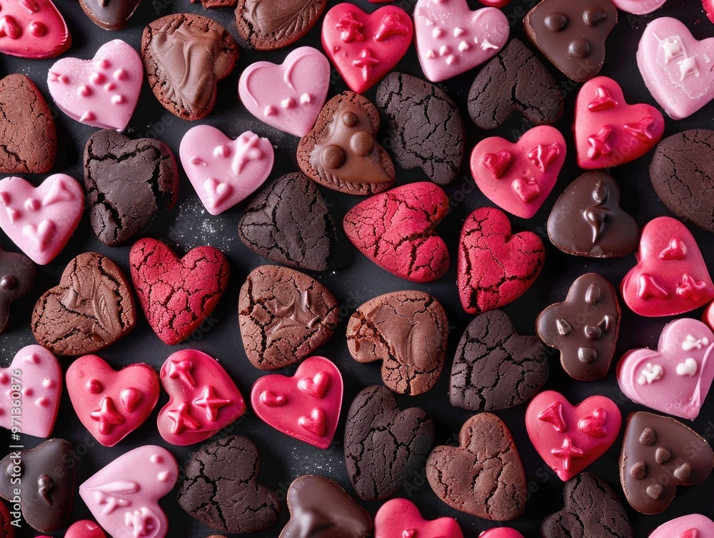 Poster a close up of many different colored heart shaped cookies. the cookies are of various sizes and colo