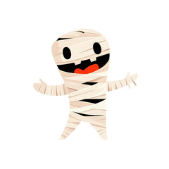 Fototapeta premium A cute cartoon mummy with a big smile, wearing white bandages. Perfect for Halloween or spooky themes.