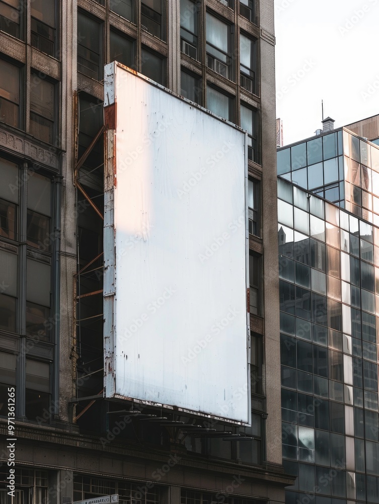 Poster a large white sign is hanging from the side of a building. the sign is empty and has a rustic appear