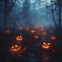 Eerie Halloween mist rolling over a dark forest, glowing jackolanterns, mysterious atmosphere