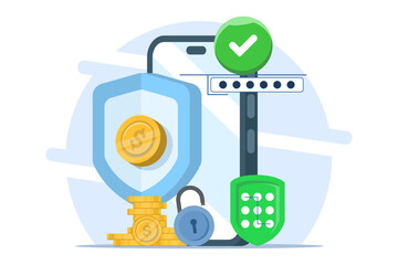 payment security concept, data and transaction protection, online payment security, Smartphone with debit card, dollar coin. flat vector illustration on background.