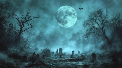 Full moon over a haunted graveyard, bats flying, twisted trees, ghostly fog, Halloween night