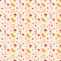 Autumn pattern with leaves and acrons. Mushroom pattern. Cute freehand drawings to create a poster, card, wallpaper.