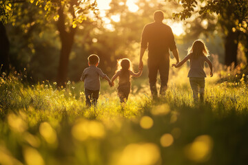 family walking in the park, blurred focus, sunny day