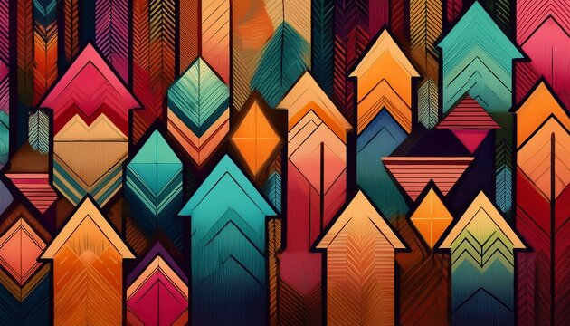 A vibrant, abstract geometric pattern featuring bold, colorful arrows and angular shapes. Ideal for backgrounds, textiles, modern design projects, or creative artistic concepts.