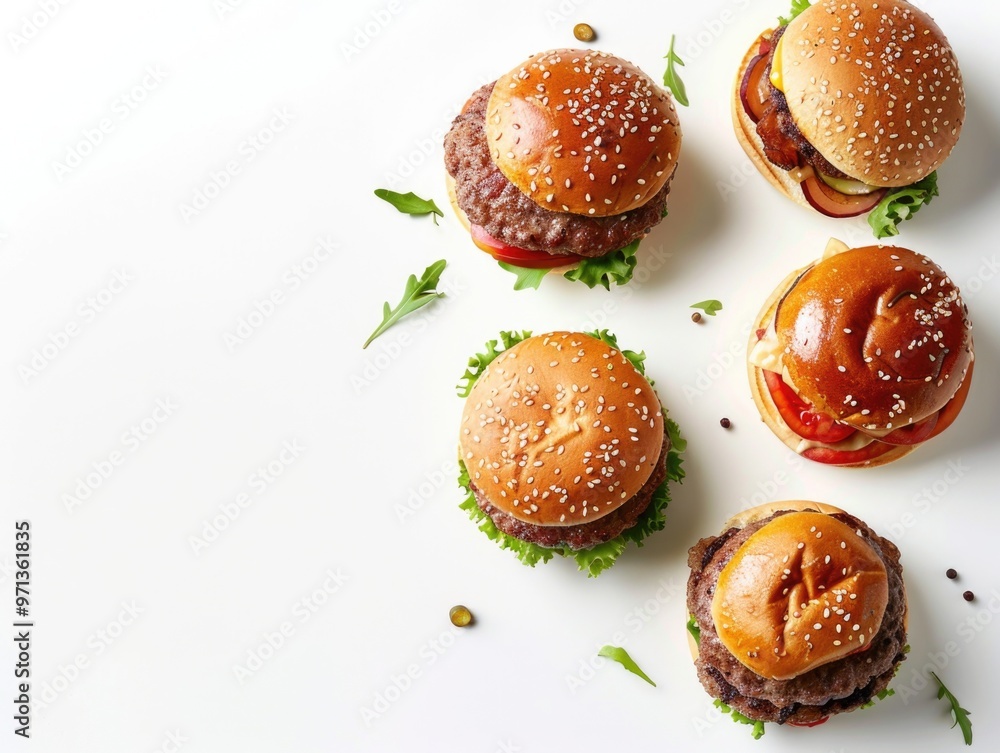 Poster a row of hamburgers with lettuce and sesame seeds on top. the hamburgers are all different sizes and