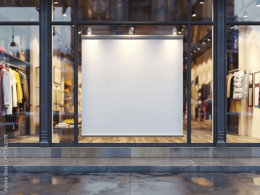 Poster a large white sign is displayed in a window of a store. the sign is empty, but it is clear that it i