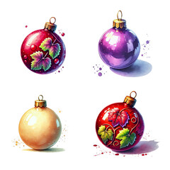 watercolor Christmas violet, beige, orange, rainbow balls on isolated white background