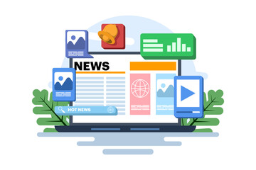 Online news application concept, Online news article, News webpage, Online mass media, Internet bulletin. Reading news online. Reading breaking news on webpage. Flat vector illustration.