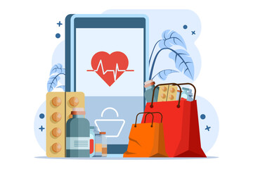 Online pharmacy website design concept. Buy medicines and drugs online. Ecommerce website design. Flat vector illustration for website design, banner, landing page.