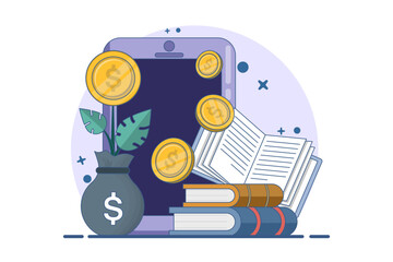 Investment concept. Investing money in digital platforms, self-development, knowledge and education. Personal financial management and financial literacy. Vector illustration.