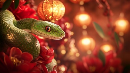Fototapeta premium Graceful green snake gliding through festive red and gold decor with lanterns illuminating the scene