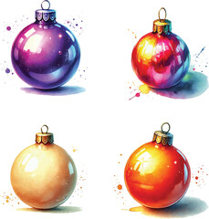 watercolor Christmas violet, beige, orange, rainbow balls on isolated white background