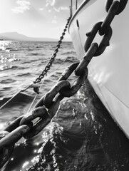 A chain is attached to a boat and is in the water