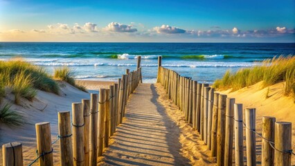Fototapeta premium Seaside beach fence made of wooden poles leading to the ocean horizon
