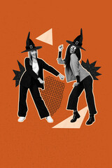 Composite artwork sketch image collage of happy halloween poster spooky season silhouette two young lady dance party witch hat devil