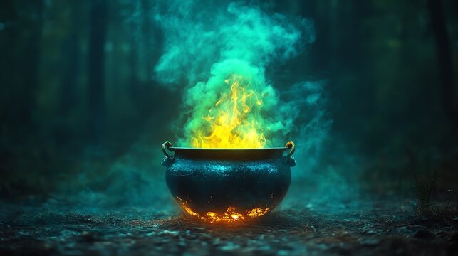 Witchs cauldron bubbling over a fire, eerie green smoke rising, dark forest background, Halloween magic